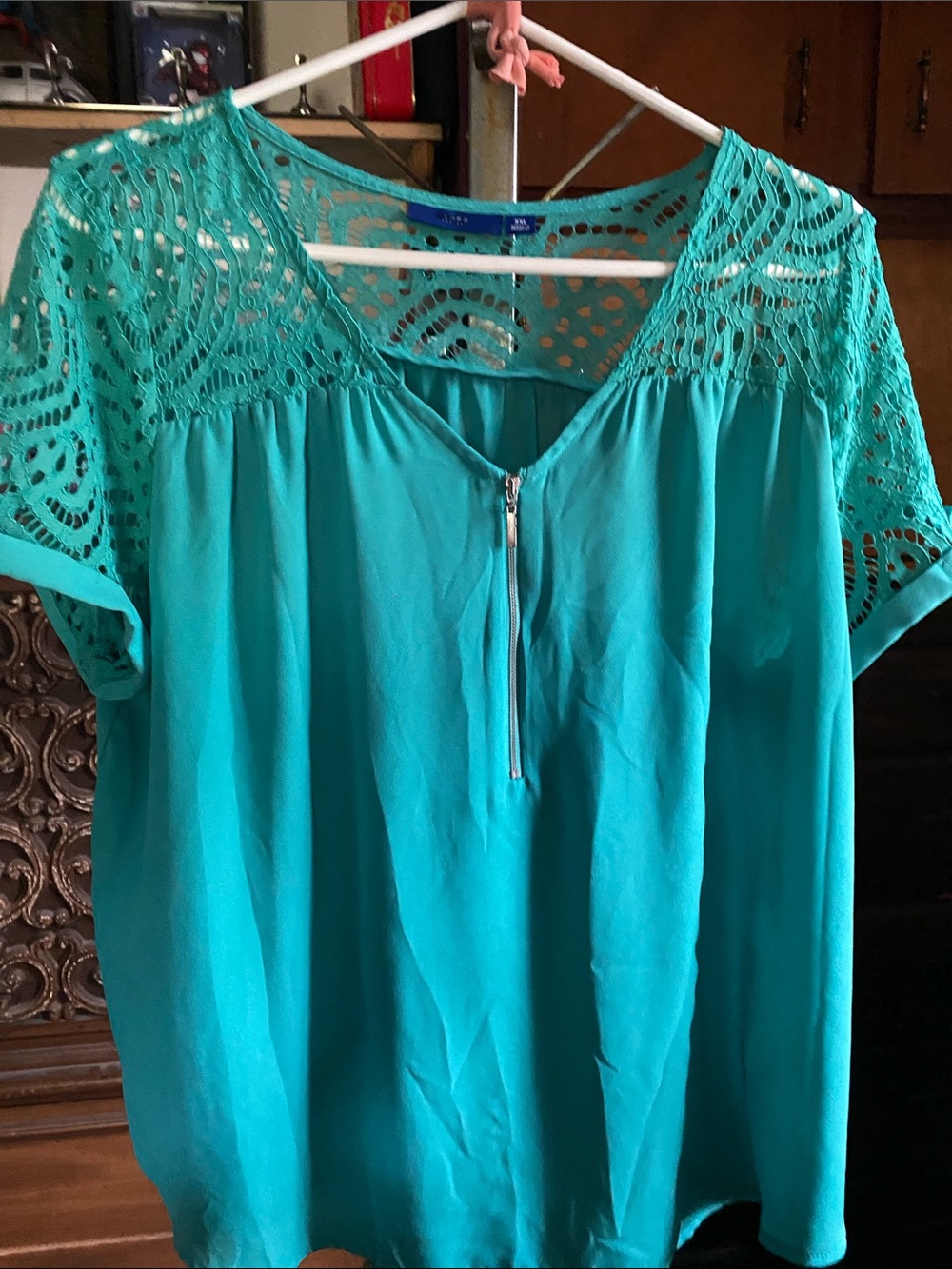 Apt. 9 Teal Crochet Yoke Zip-Front Blouse